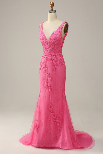 Mermaid Deep V Neck Hot Pink Long Prom Dress with Open Back