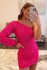 Load image into Gallery viewer, Hot Pink Beaded Sequins One Shoulder Tight Homecoming Dress