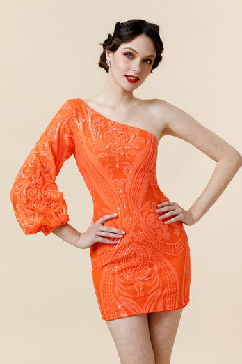 Bodycon One Shoulder Orange Sequins Cocktail Dress