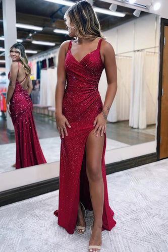 Sparkly Dark Red One Shoulder Sheath Long Prom Dress with Slit