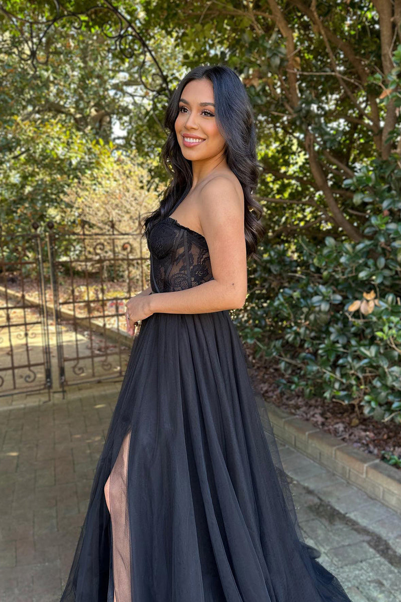 Load image into Gallery viewer, Black A-Line Corset Long Prom Dress with Slit