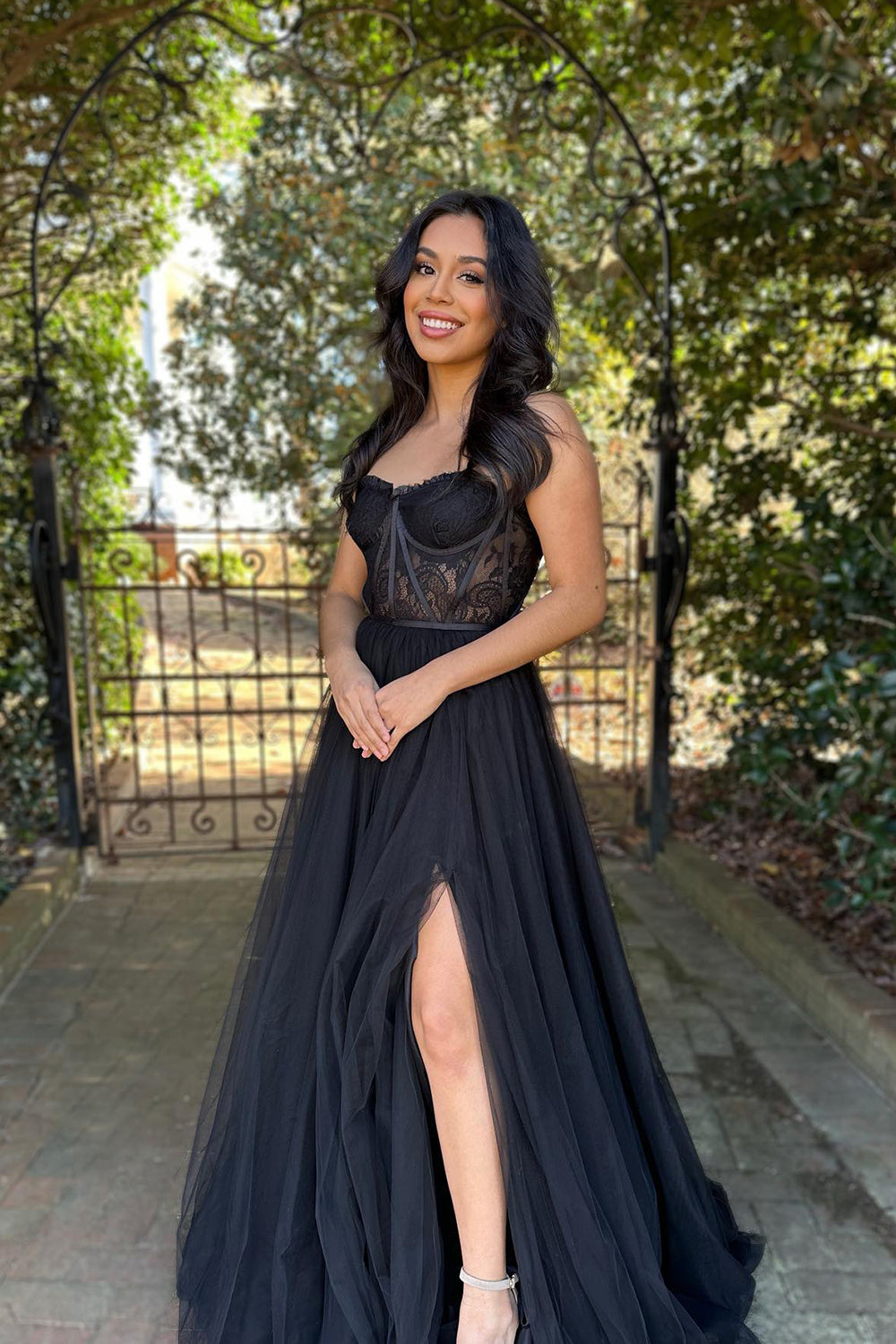 Black A-Line Corset Long Prom Dress with Slit