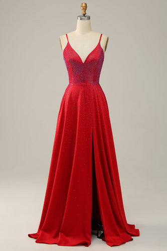 A Line Red Spaghetti Straps Beaded Long Prom Dress