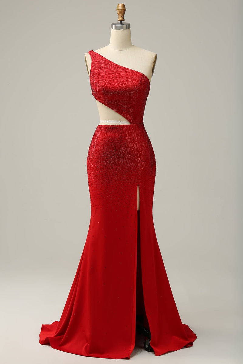 Load image into Gallery viewer, Mermaid One Shoulder Red Cut Out Prom Dress with Beading