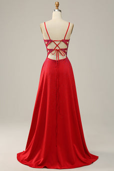 A Line Red Spaghetti Straps Beaded Long Prom Dress