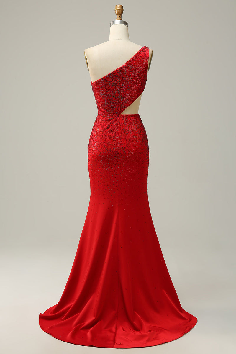 Load image into Gallery viewer, Mermaid One Shoulder Red Cut Out Prom Dress with Beading