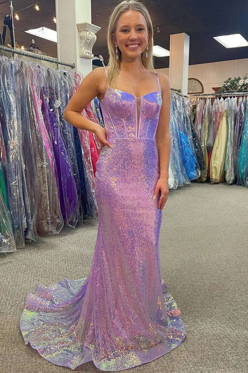 Load image into Gallery viewer, Sparkly Pink Sequin Long Mermaid Corset Prom Dress