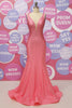 Load image into Gallery viewer, Mermaid Pink Deep V Neck Open Back Prom Dress With Beading