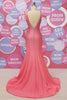 Load image into Gallery viewer, Mermaid Pink Deep V Neck Open Back Prom Dress With Beading