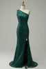 Load image into Gallery viewer, Mermaid One Shoulder Dark Green Sequins Long Prom Dress with Split Front