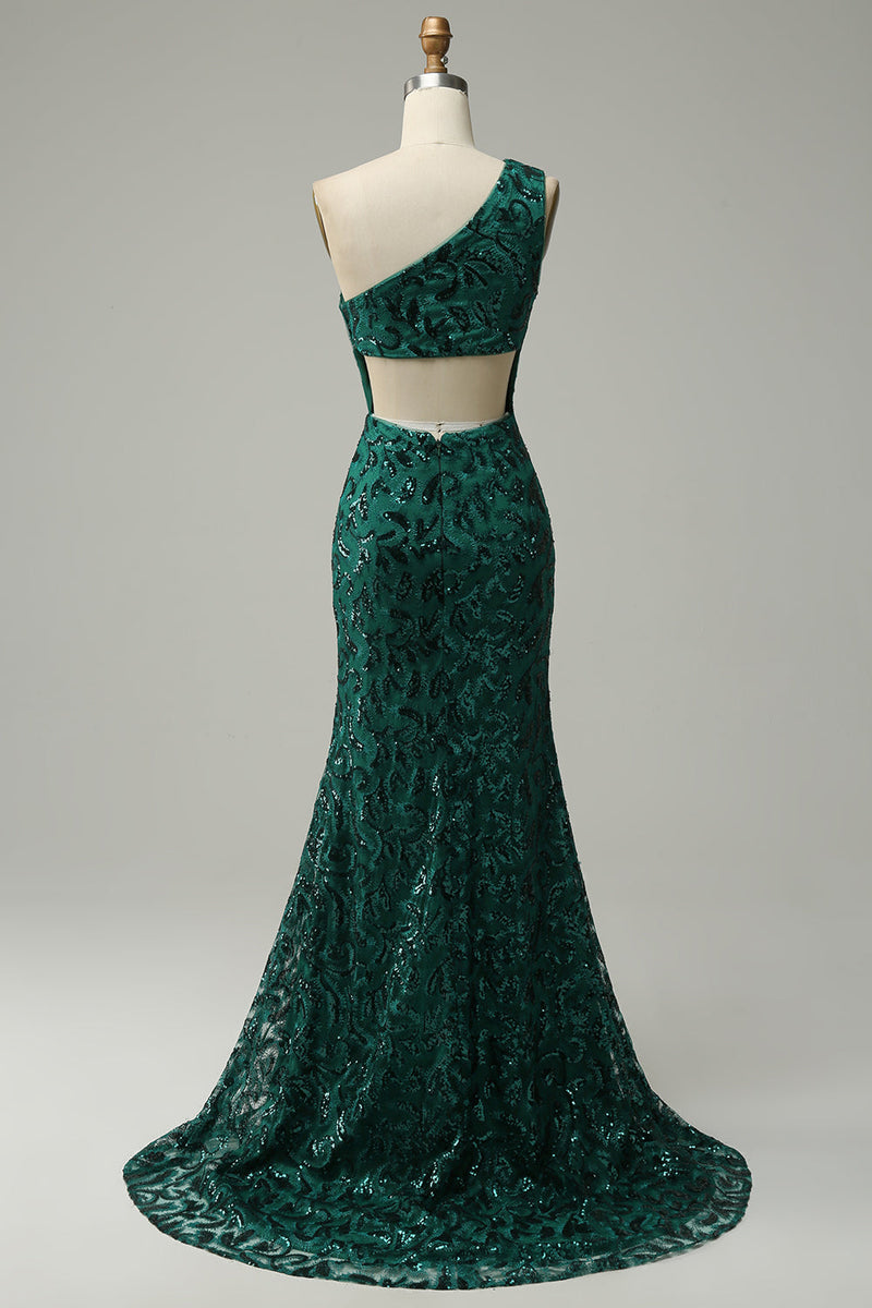 Load image into Gallery viewer, Mermaid One Shoulder Dark Green Sequins Long Prom Dress with Split Front