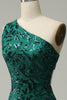 Load image into Gallery viewer, Mermaid One Shoulder Dark Green Sequins Long Prom Dress with Split Front