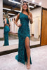 Load image into Gallery viewer, Sparkly Peacock Blue Sequins Mermaid One Shoulder Long Prom Dress with Slit
