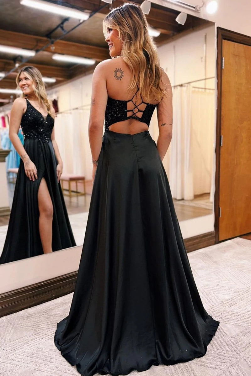 Load image into Gallery viewer, Sparkly Black A-Line Long Prom Dress with Pockets