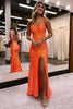 Load image into Gallery viewer, Sheath Spaghetti Straps Orange Sequins Long Prom Dress with Criss Cross Back