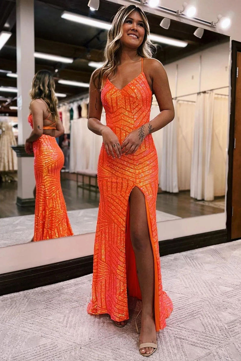 Load image into Gallery viewer, Sheath Spaghetti Straps Orange Sequins Long Prom Dress with Criss Cross Back