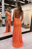 Load image into Gallery viewer, Sheath Spaghetti Straps Orange Sequins Long Prom Dress with Criss Cross Back