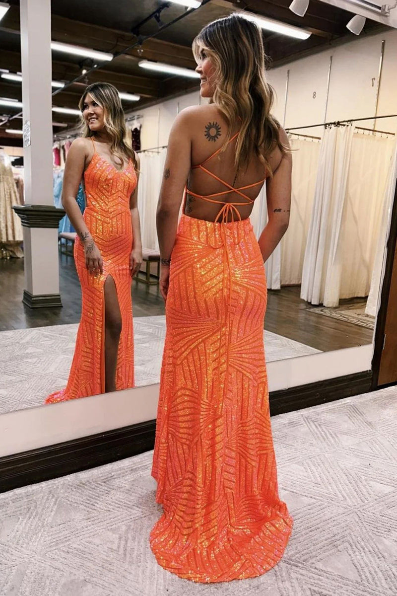 Load image into Gallery viewer, Sheath Spaghetti Straps Orange Sequins Long Prom Dress with Criss Cross Back