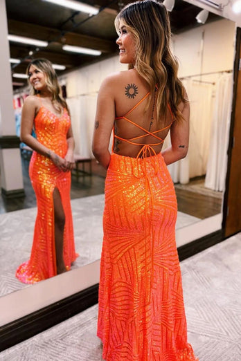 Sheath Spaghetti Straps Orange Sequins Long Prom Dress with Criss Cross Back