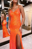 Load image into Gallery viewer, Sheath Spaghetti Straps Orange Sequins Long Prom Dress with Criss Cross Back