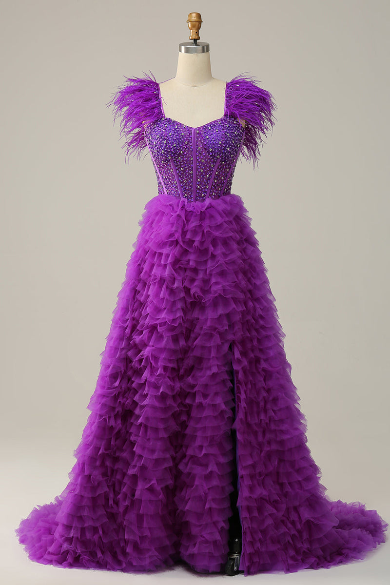 Load image into Gallery viewer, A Line Sweetheart Purple Long Prom Dress with Beading Feathers