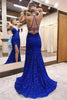 Load image into Gallery viewer, Mermaid Halter Royal Blue Sequins Long Prom Dress with Silt