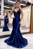 Load image into Gallery viewer, Mermaid Deep V Neck Navy Long Prom Dress with Appliques