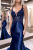 Load image into Gallery viewer, Mermaid Deep V Neck Navy Long Prom Dress with Appliques