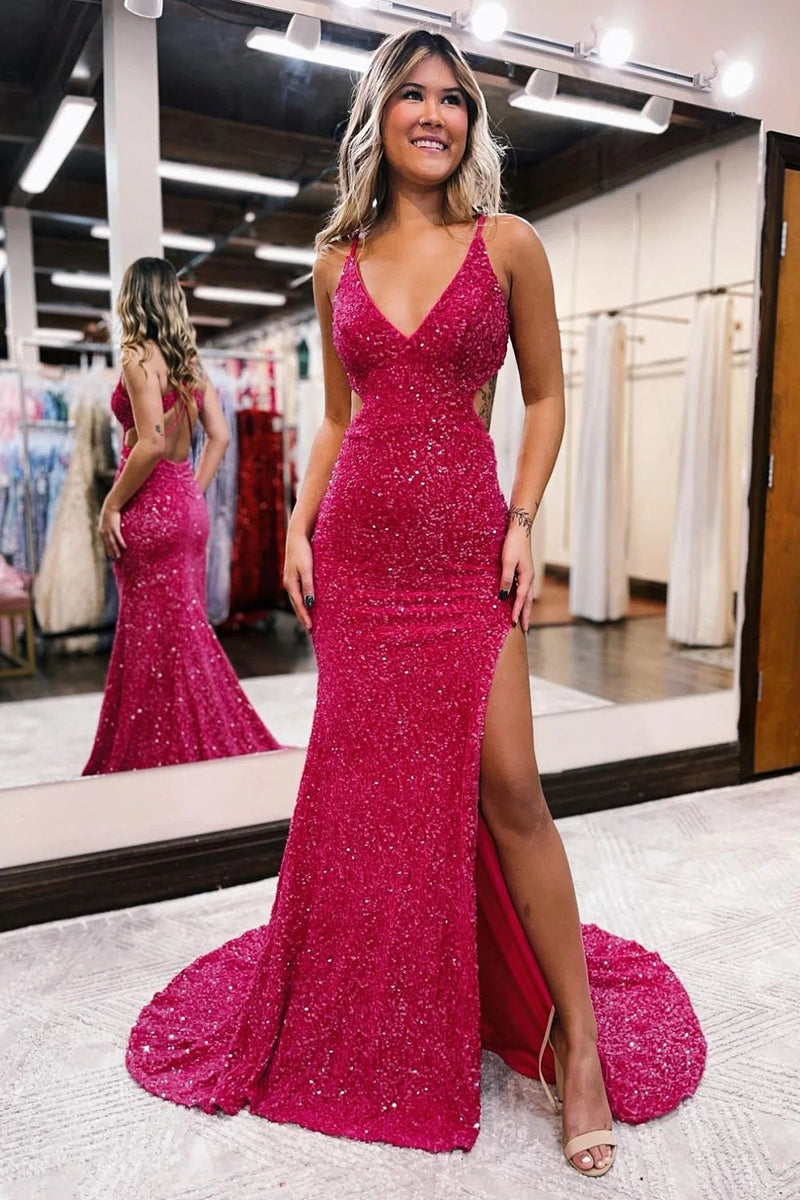 Load image into Gallery viewer, Mermaid V Neck Fuchsia Sequins Long Prom Dress with Open Back