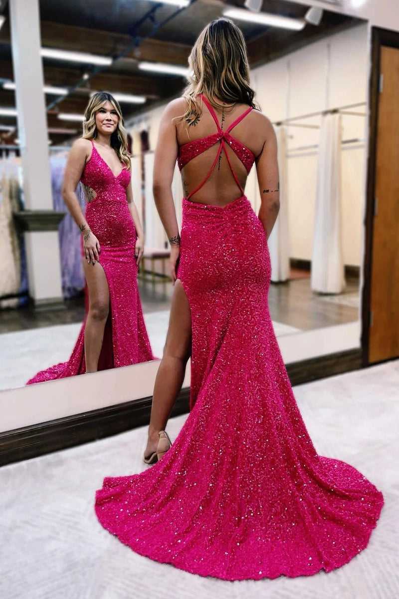 Load image into Gallery viewer, Mermaid V Neck Fuchsia Sequins Long Prom Dress with Open Back