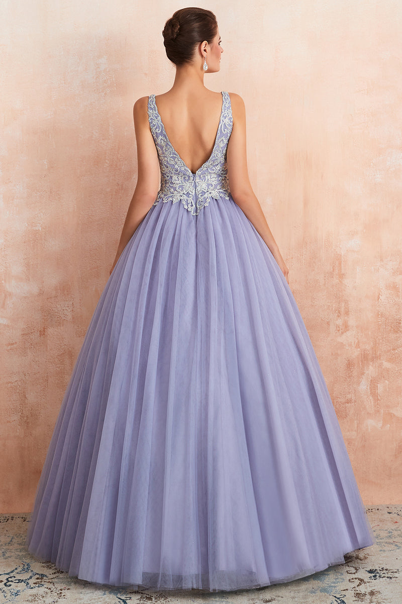 Load image into Gallery viewer, A-Line Deep V Neck Purple Prom Dress