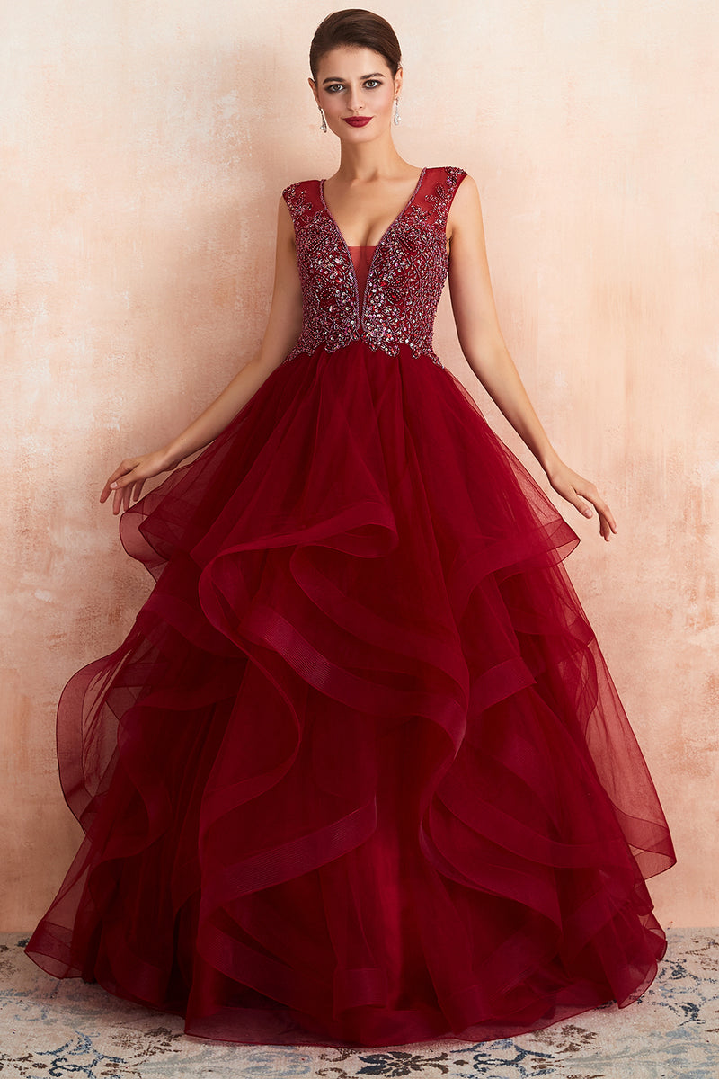 Load image into Gallery viewer, A-Line Burgundy Sequins Prom Dress With Beading