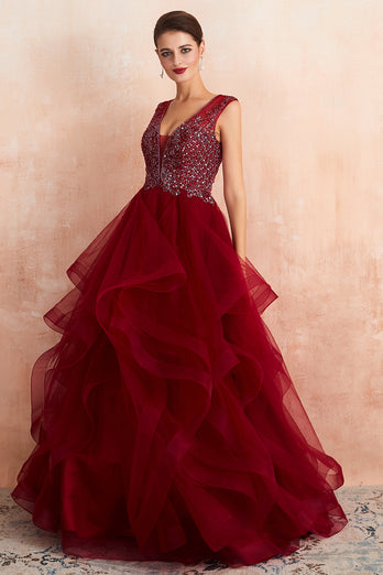 A-Line Burgundy Sequins Prom Dress With Beading