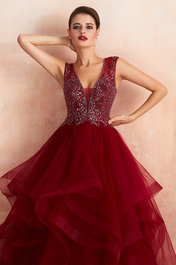 A-Line Burgundy Sequins Prom Dress With Beading