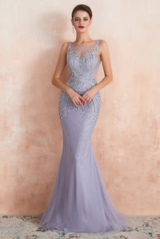 Mermaid Beading Lavender Open Back Evening Dress