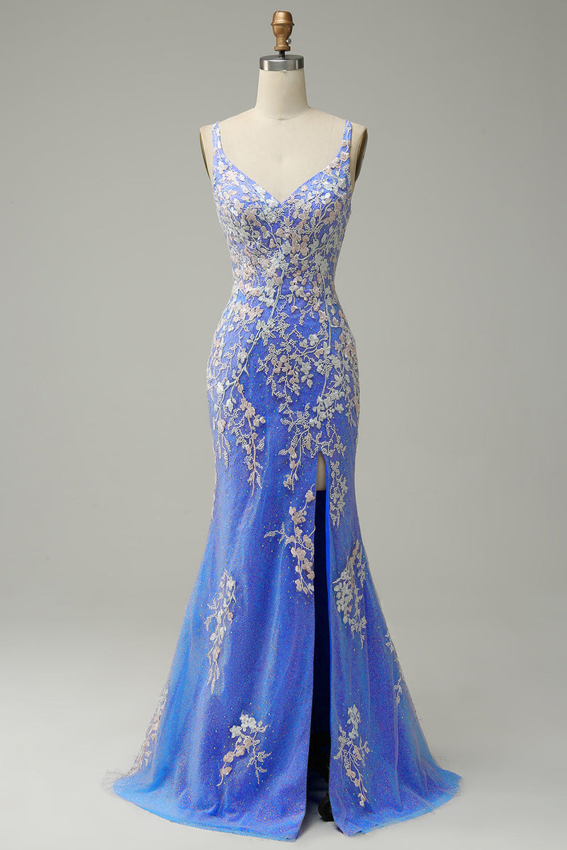 Load image into Gallery viewer, Mermaid V Neck Light Blue Long Prom Dress with Appliques Beading