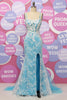 Load image into Gallery viewer, Mermaid Light Blue Spaghetti Straps Appliques Prom Dress With Slit