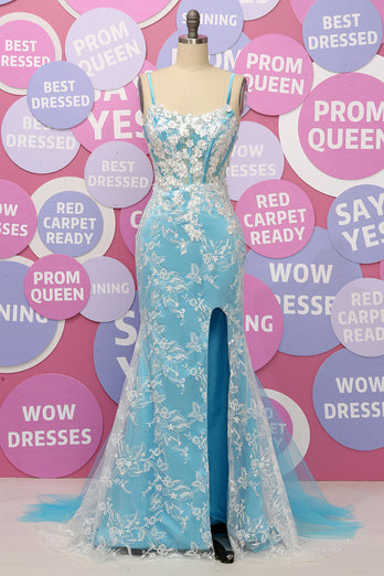 Mermaid Light Blue Spaghetti Straps Appliques Prom Dress With Slit