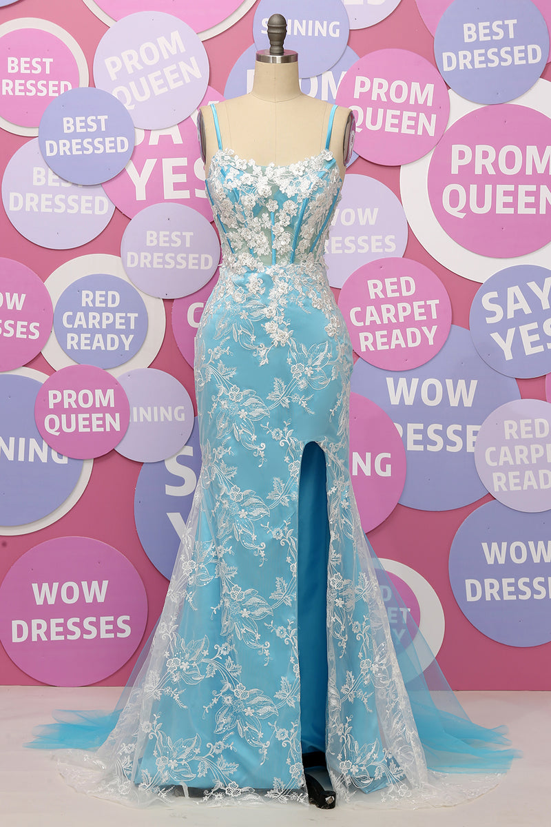 Load image into Gallery viewer, Mermaid Light Blue Spaghetti Straps Appliques Prom Dress With Slit