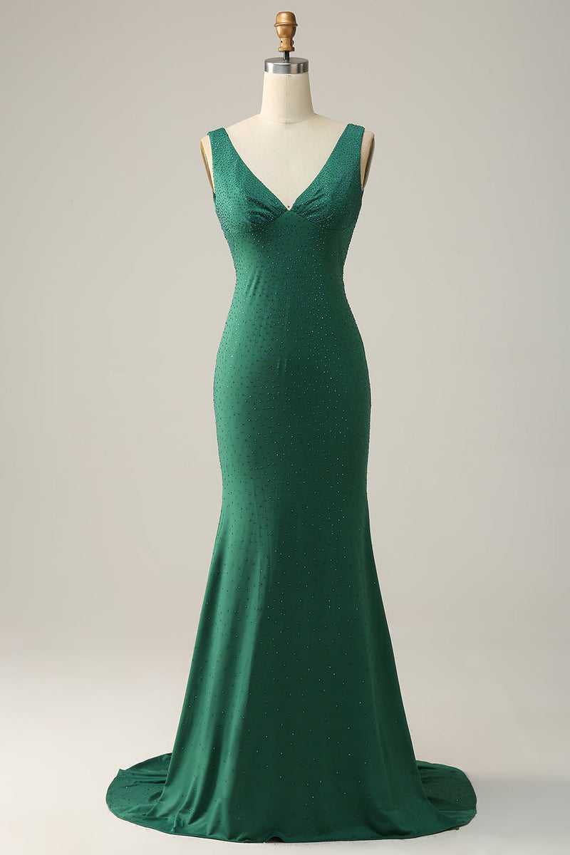 Load image into Gallery viewer, Mermaid V Neck Green Long Prom Dress with Beading