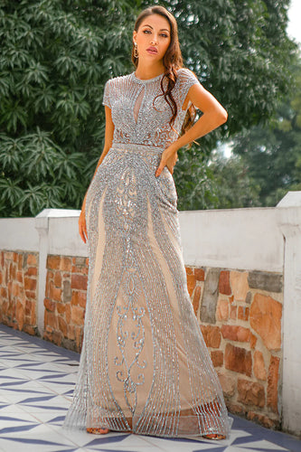 Glitter Silver Mermaid Beaded Long Prom Dress With Embroidery