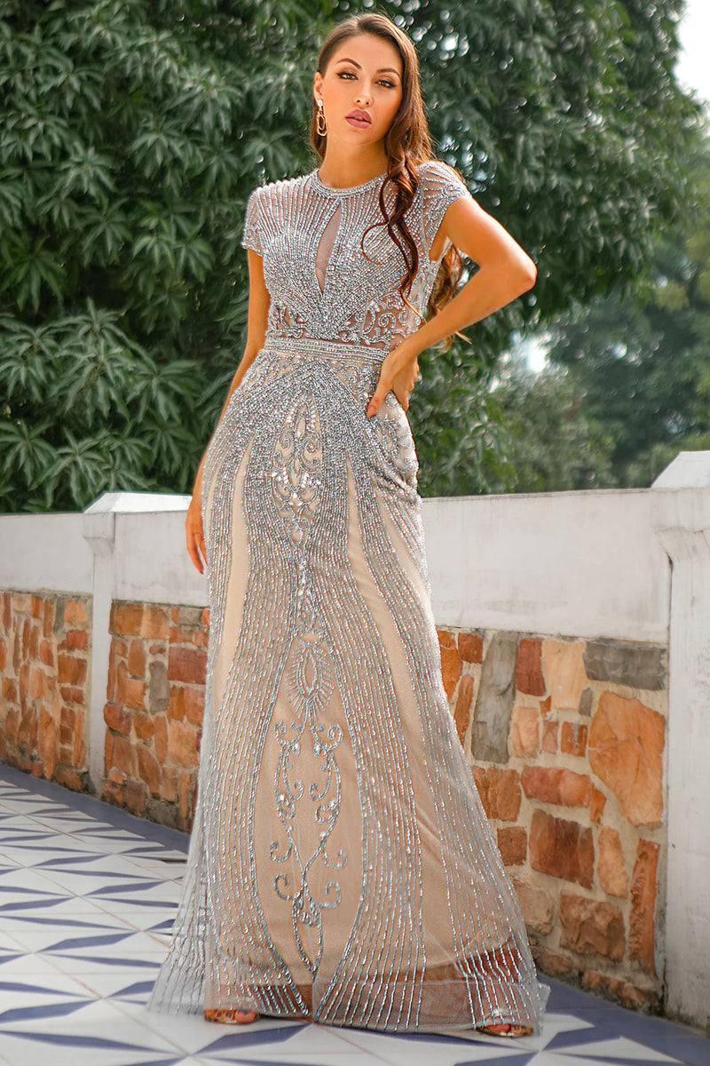 Load image into Gallery viewer, Glitter Silver Mermaid Beaded Long Prom Dress With Embroidery