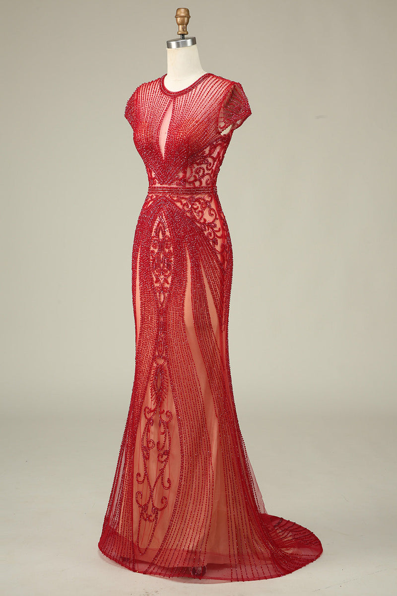 Load image into Gallery viewer, Gorgeous Mermaid Jewel Neck Burgundy Prom Dress with Beading