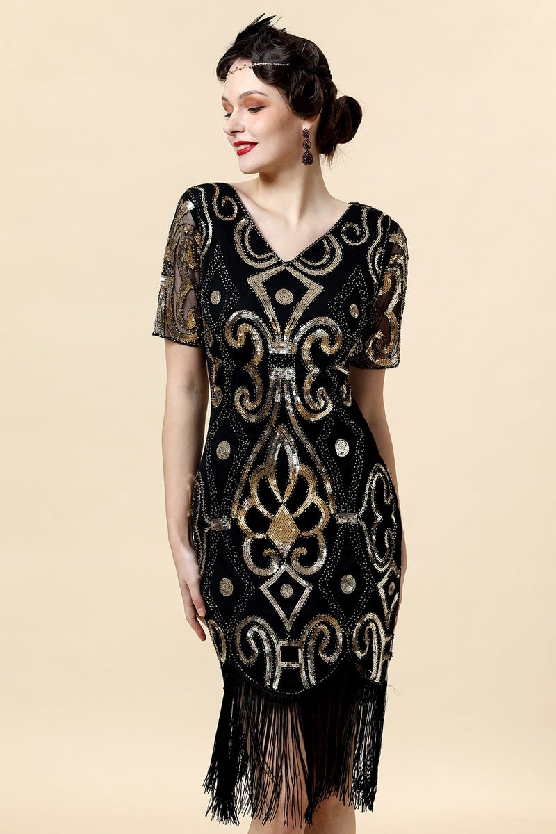 Load image into Gallery viewer, 1920s Black Sequins Flapper Dress