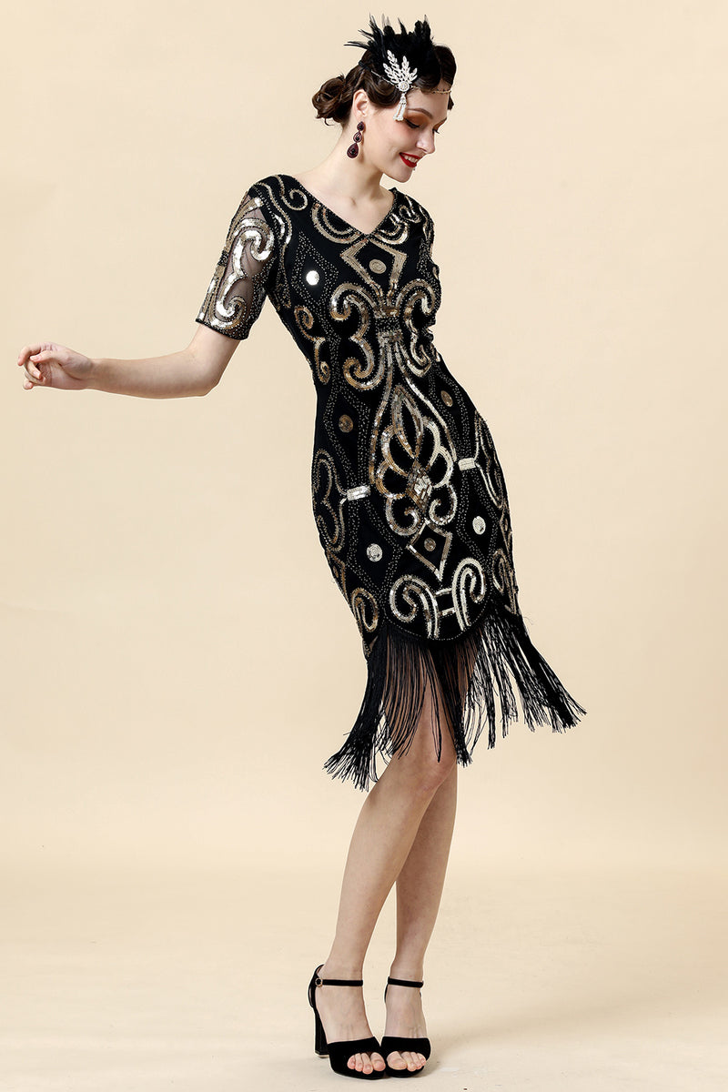 Load image into Gallery viewer, 1920s Black Sequins Flapper Dress