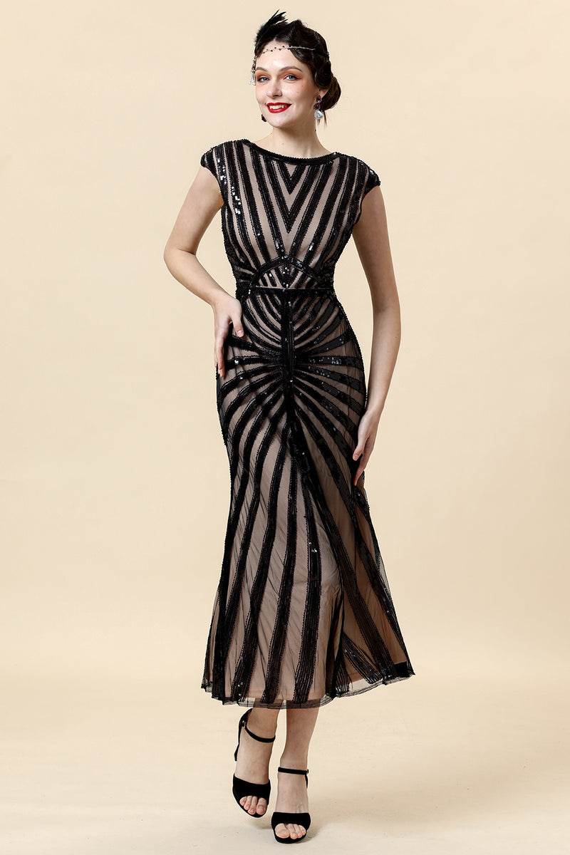 Load image into Gallery viewer, Black and Champagne Sequined Formal Dress