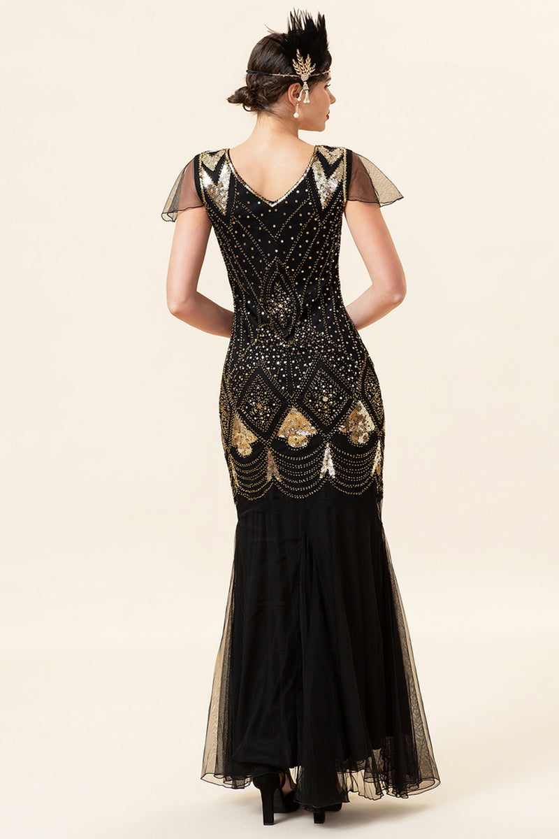 Load image into Gallery viewer, V Neck Black and Gold Sequins Formal Dress