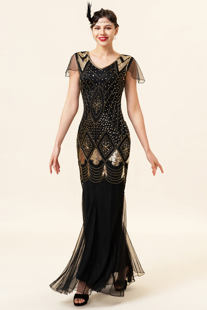 Load image into Gallery viewer, V Neck Black and Gold Sequins Formal Dress