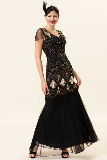 V Neck Black and Gold Sequins Formal Dress