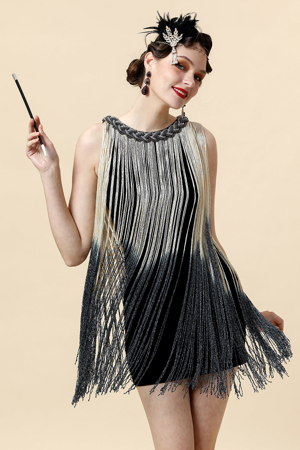 1920s Round Neck Black Fringed Cocktail Party Dress